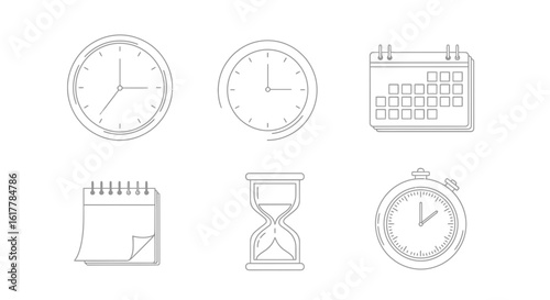Minimalist Vector SVG Icon Set with Clocks and Calendar in Flat Design Style for Web and App Interfaces