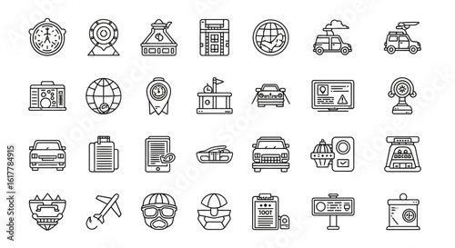 Vector SVG Icon Set of Travel and Transportation Symbols in Modern Line Art Style for Web and App Design
