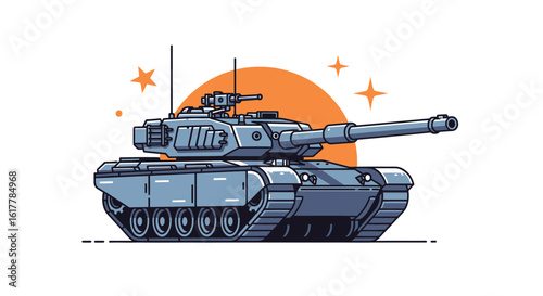 Vector SVG Illustration of Military Tank in Modern Flat Style with Blue Gray Colors and Orange Background for Digital Media