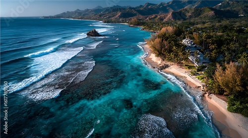 Wide sandy beach foreground with aerial view of exotic tropical shoreline, turquoise sea and copy space ideal for travel, vacation or environmental concept design.