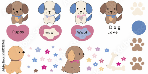 Cute Cartoon Puppy Dog Illustrations with Hearts Stars and Paw Prints