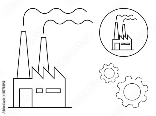 Factory with two chimneys emitting smoke, round variation, and gear elements. Ideal for industry, manufacturing, machinery, production, engineering, logistics sustainability simple landing page