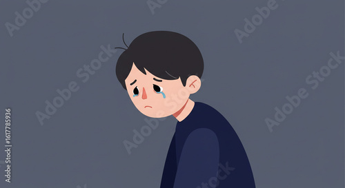 Conceptual character illustration of a sad crying boy. A vector graphic depicting despair and melancholy.