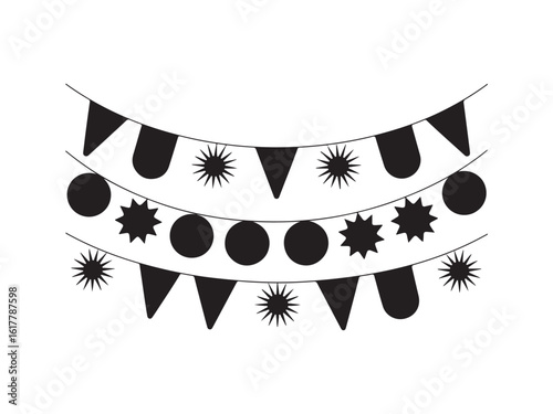 Decorative bunting banner with star and circle shapes silhouette vector isolated on white background