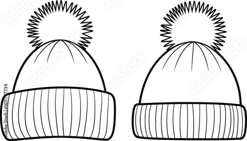 Pom-Pom Beanie Hat Flat Sketch, Front and Back View, Technical Fashion Illustration, Winter Headwear Design Template, Knitted Cap Outline, Cold Weather Accessory, Apparel Graphic Element

.
