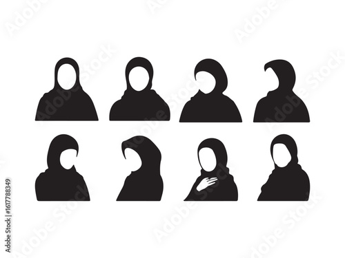 Collection of Muslim woman hijab silhouettes vector isolated on white background.