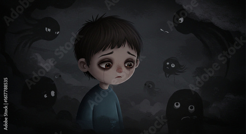 Melancholy Child Surrounded by Dark Spirits A Depiction of Childhood Anxiety and Isolation