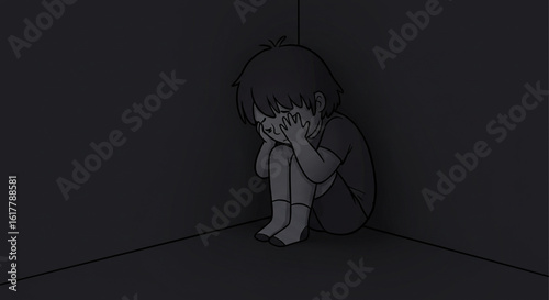 A sad child sits alone, crying in a dark corner. Monochrome vector illustration of childhood loneliness and despair.