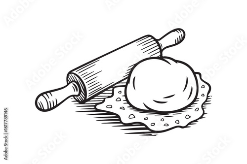 Dough and Rolling Pin Illustration Perfect for Bakery Culinary and Cooking Concepts in Black and White