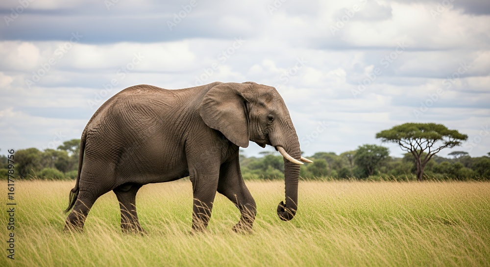 Obraz premium Majestic Gray Elephant Walking in Grassy Savannah Landscape