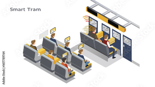 Isometric view of a smart tram interior with passengers and information screens displayed inside it