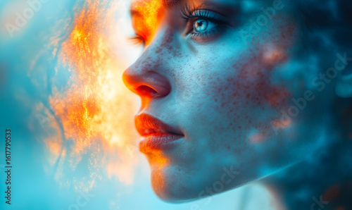 Close-up profile of young woman with freckles illuminated by warm orange and cool blue light symbolizing psychological introspection and emotional contrast