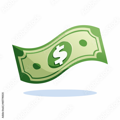 Vector icon of a single floating dollar bill with a waving motion, clean and simple illustration for financial themes