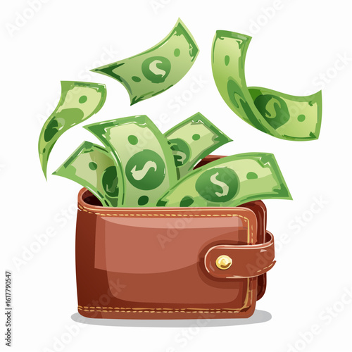 Cartoon-style vector of flying dollar bills escaping from an open wallet, being carried away by the wind