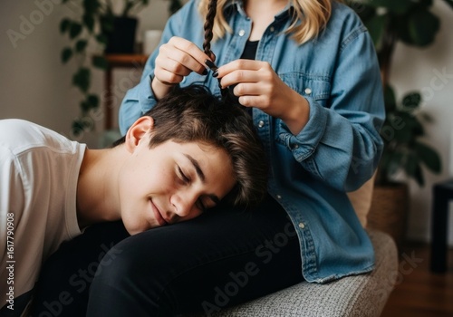 Gen Z brotherly love braiding moments of relaxation and connection