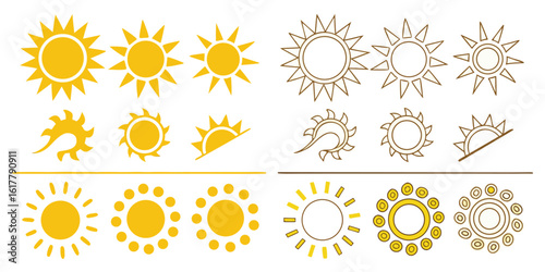 Vector art of collection of sun icons and graphic elements representing summer heat and bright weather