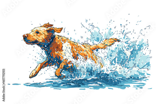 Dog Running Through Waves at Beach isolated