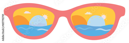Stylish coral pink sunglasses reflecting a vibrant tropical beach scene with palm trees and ocean waves, perfect for summer vacation and travel concepts