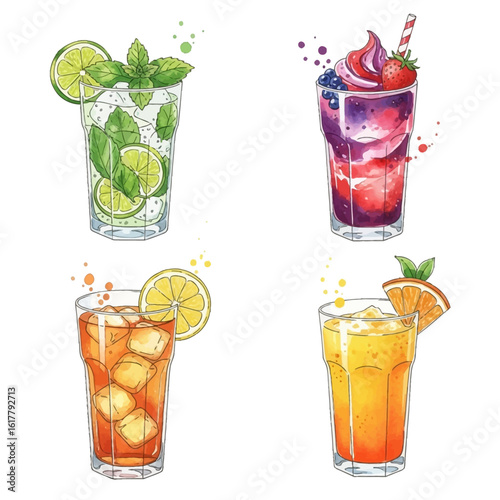 Watercolor Illustrations of Refreshing Cocktails with Fresh Fruits and Herbs.