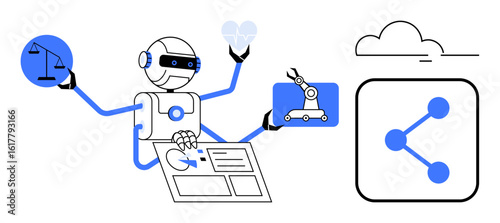 Multitasking robot balancing law, healthcare, automation, and data-sharing tasks. Ideal for AI systems, legal technology, robotics, cloud computing, healthcare automation simple landing page