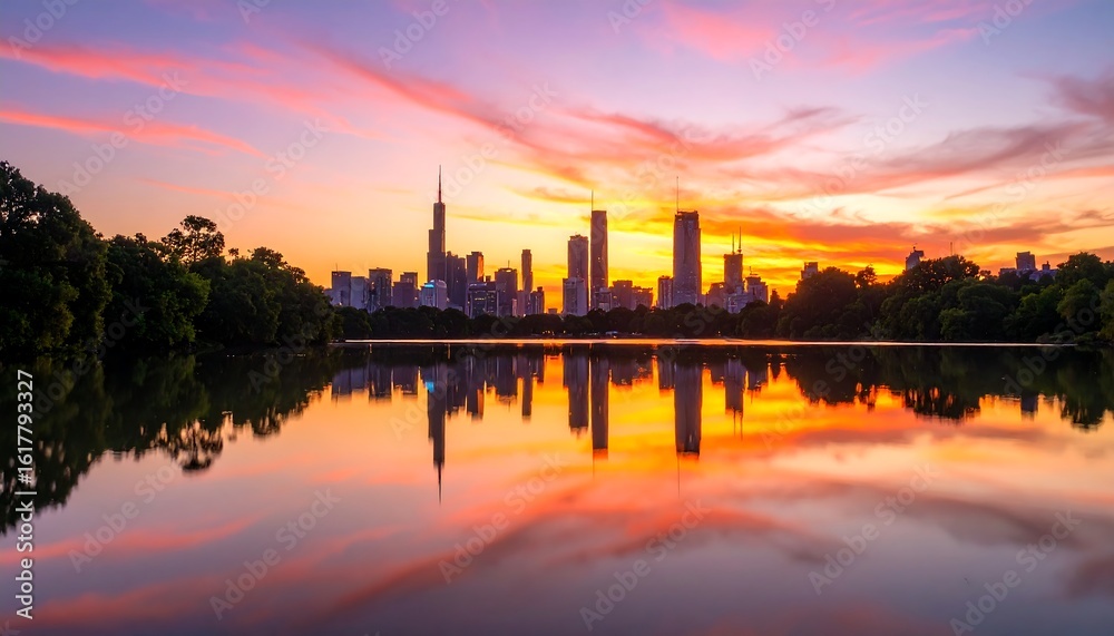 City skyline reflected in tranquil lake at sunset City skyline reflected in tranquil lake at sunset
