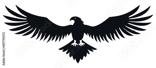 Majestic silhouette of a spreading-winged bird of prey in flight against a white background symbolizing freedom, power, and resilience