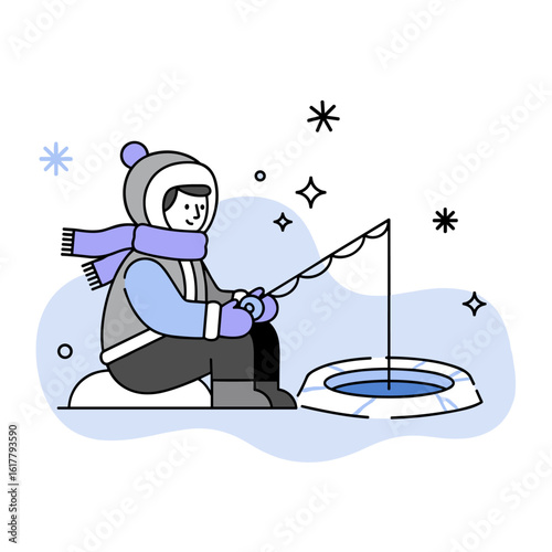 A person in warm winter clothes enjoying the hobby of ice fishing on a frozen lake