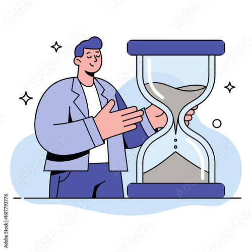 Embracing Time A Man and Hourglass Symbolizing Patience, Reflection, and the Value of Moments