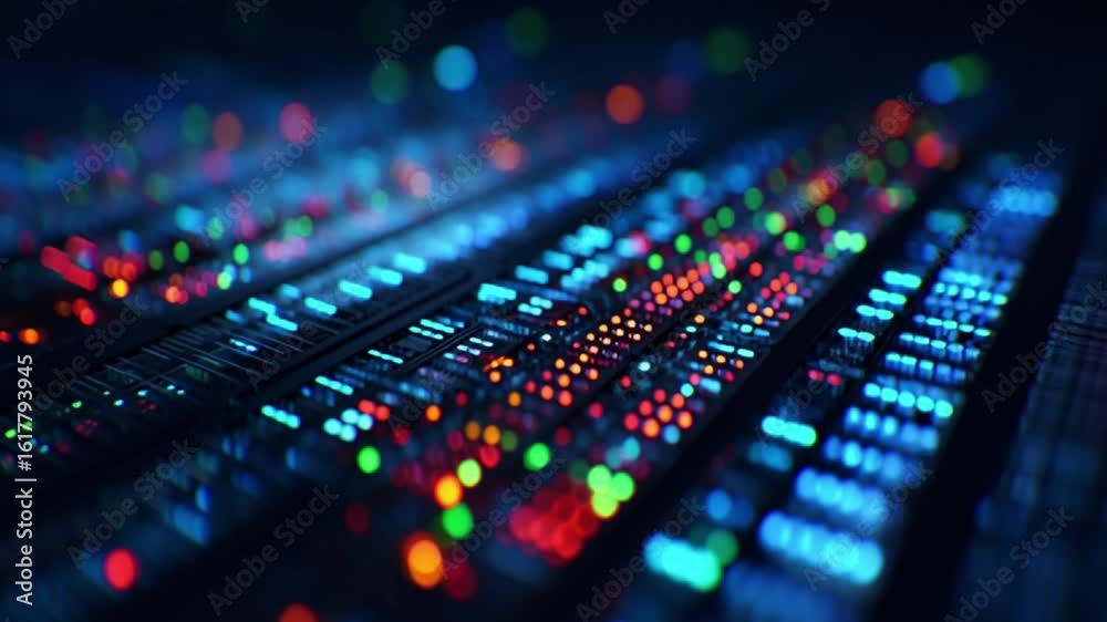 Colorful illuminated sound mixer panel with glowing buttons and sliders creating vibrant dynamic atmosphere in dark environment for audio mixing