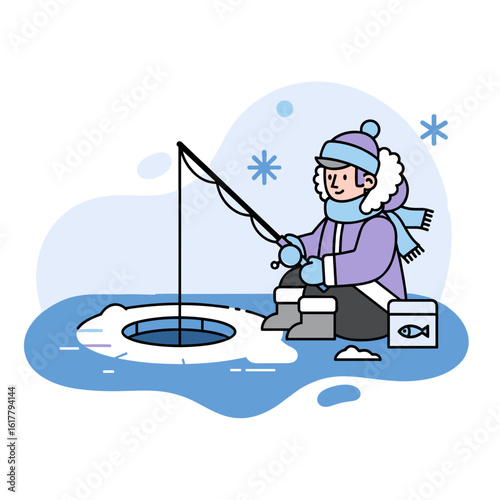 A person in warm winter clothes enjoying the hobby of ice fishing on a frozen lake