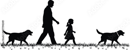 Silhouettes of man and child walking dogs, grassy field, outdoor activity, family bonding, nature scene, pet-friendly, peaceful evening, scenic view