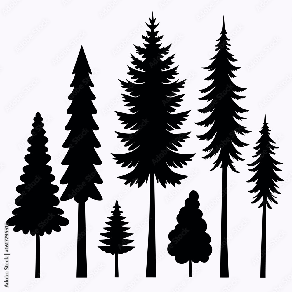 Fototapeta premium Collection of eight different pine tree silhouettes isolated on white background