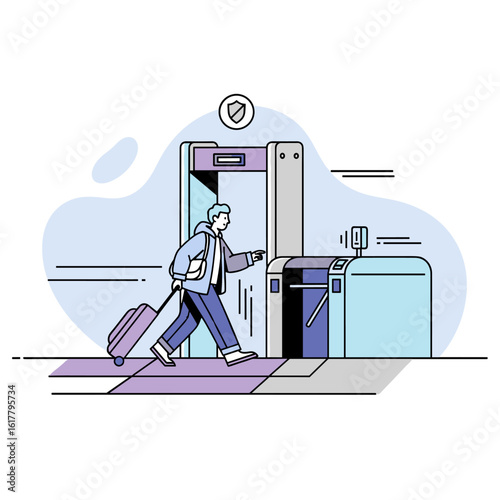 Traveler passing through security check gate with luggage at airport or station, modern concept illustration