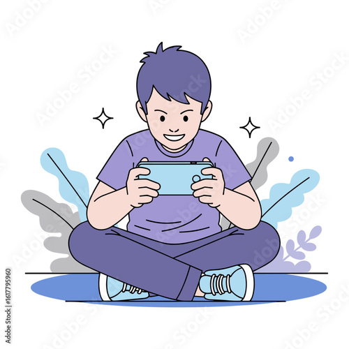 Vector illustration of a happy boy sitting cross-legged and playing a mobile video game