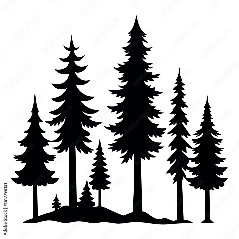 Obraz premium Collection of detailed pine tree silhouettes isolated on white background