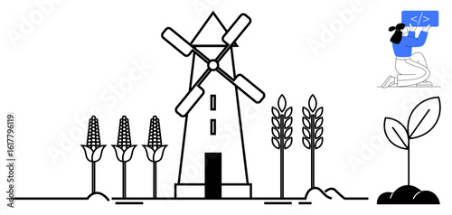 Windmill surrounded by corn and wheat, growing sprout, coding professional coding on screen. Ideal for agriculture, renewable energy, sustainability, innovation, coding, technology trends simple