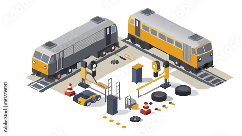 Isometric view of two trains with maintenance equipment and rail tracks in a depot setting shown