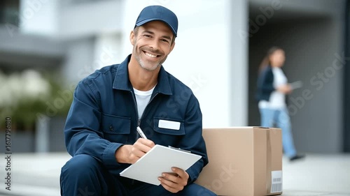 Courier double checking address on package before delivery