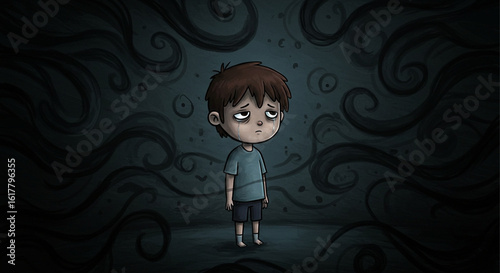 Conceptual illustration of a sad, lonely child overwhelmed by dark, swirling thoughts representing depression and anxiety