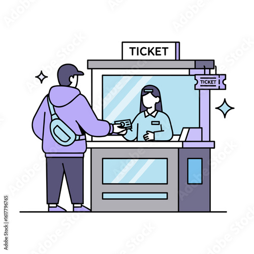 A young man wearing a hoodie buying an admission pass with cash from a cashier at a ticket booth.