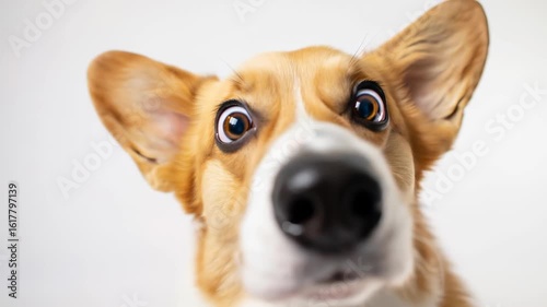 A funny corgi dog with a surprised face, a cute pet close-up. A 4K video for a social media meme or a comic animal concept
