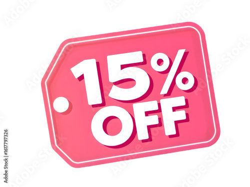 Eye-Catching New 15% Off Sales Promotion Design with Bold White Text and a Striking Pink Tag on a Seamlessly Transparent Background for Instant Impact