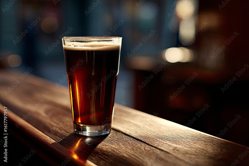 A glass of dark beer with a foamy head sits on a wooden bar illuminated by warm light The background is blurred A glass of dark beer with a foamy head sits on a wooden bar illuminated by warm light The background is blurred