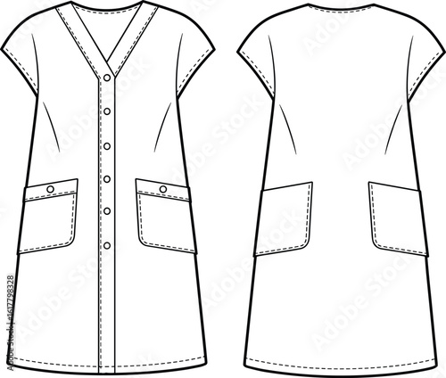 Surgical Scrubs Dress Flat Sketch for Medical Professionals, Doctor, Nurse, Hospital Staff Uniform, Healthcare Apparel Design, Front and Back View, Technical Fashion Illustration, Workwear, Button.
