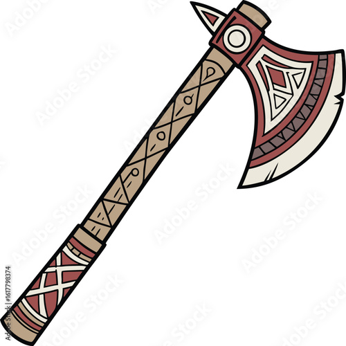 Cartoon Tomahawk with Intricate Designs Native American Weapon Vector Illustration