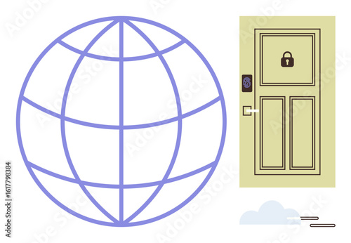 Globe symbolizing global reach next to smart door with lock, keycard reader, and cloud. Ideal for cybersecurity, connectivity, technology, innovation, data security, online access simple landing