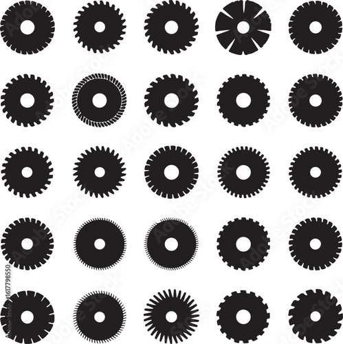Black silhouettes of different circular saw blades, vector