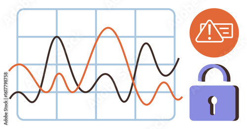 Line graph with fluctuating data trends, alert icon for warning or error, and lock symbol for data security. Ideal for cybersecurity, analytics, privacy practices, risk management, system monitoring