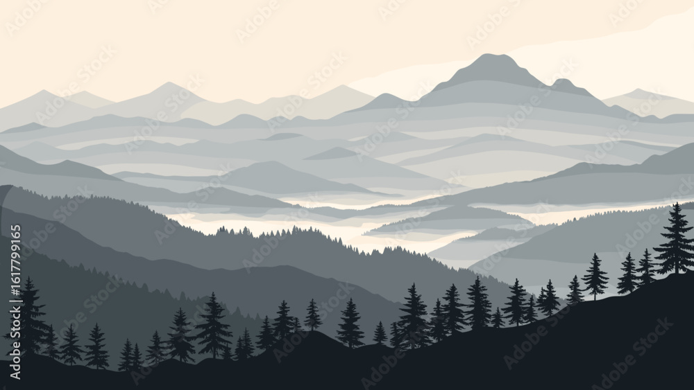 Obraz premium Serene mountain range landscape with misty layers and evergreen trees for travel adventure and nature inspiration, peaceful outdoor scenic views