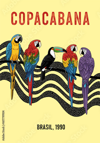 Vintage Copacabana Poster Featuring Macaw and Toucan Illustration, Distressed Rio de Janeiro Mosaic Design, and Tropical Brazilian Travel Aesthetic